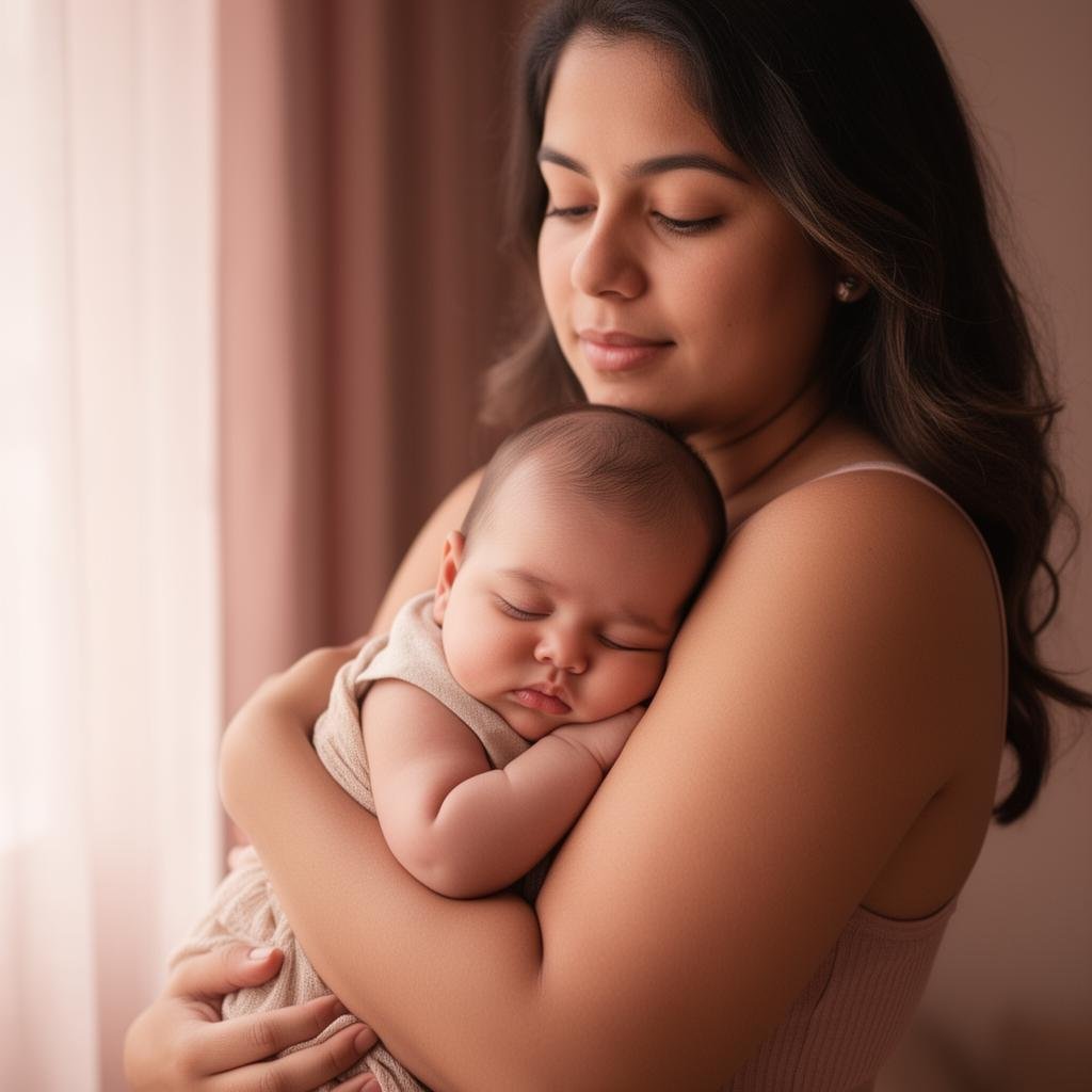 Mãe amamentando e acalmando seu bebê recém-nascido