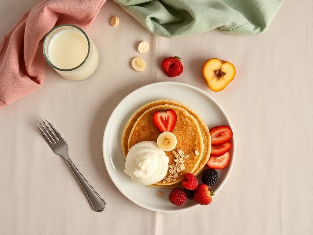 Mesa com panqueca de aveia, frutas e leite vegetal — receitas do protocolo